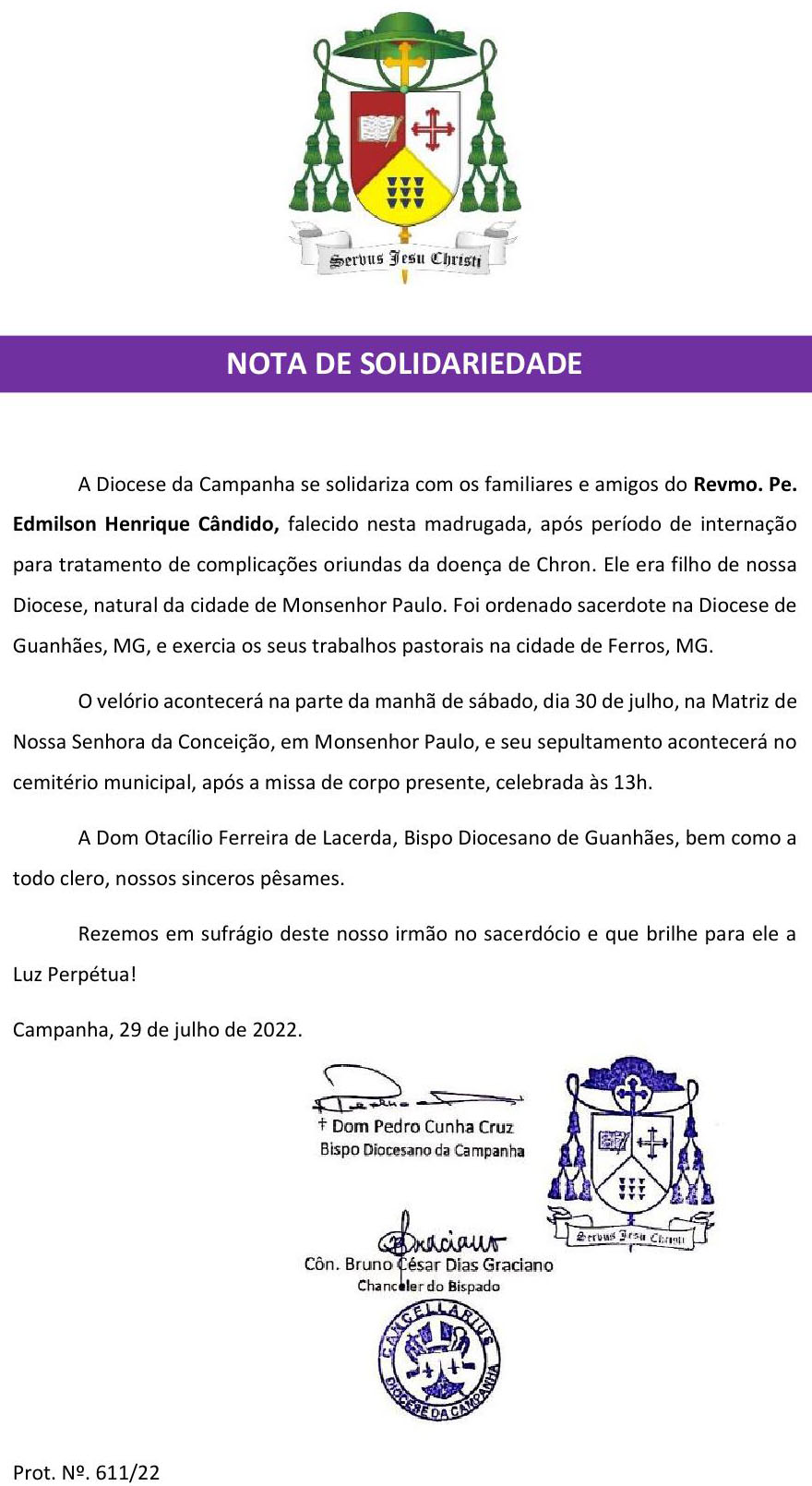 Diocese da Campanha - Nota de Solidariedade - Pe. Edmilson Henrique Candido